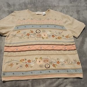 Vintage sweater short sleeve knit embroidered floral cottage grandma XL 1X